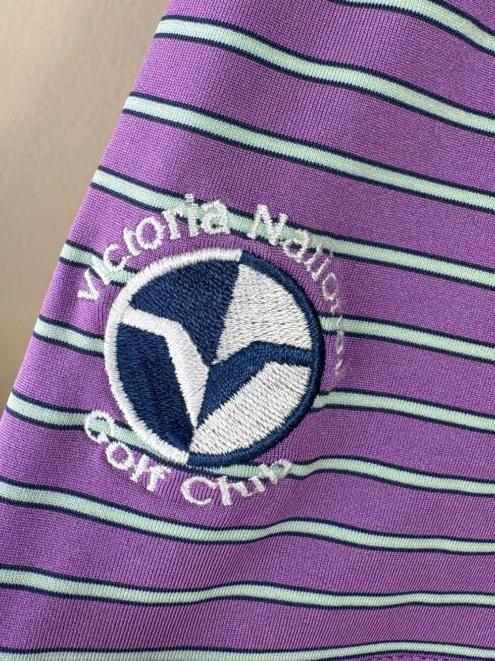 Victoria National Golf Club Polo Shirt Mens M Purple Striped F&G Tech Golf
